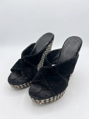 GUESS Vintage Black Suede Crisscross Houndstooth Wedge Mules / Sandals